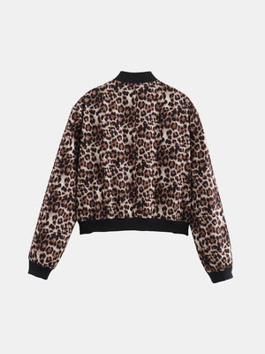 Leopard print bomber jacket with black ribbed collar, cuffs, and hem.