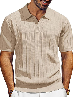 Khaki ribbed knit polo shirt with open placket and short sleeves.