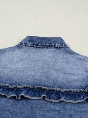 Denim ruffle button-down shirt with vintage wash and frayed ruffle detail