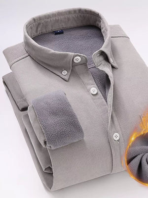 Light Gray corduroy button-down shirt with fleece lining and white buttons.