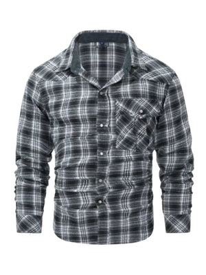 Men's gray plaid cotton button-up shirt with chest pockets