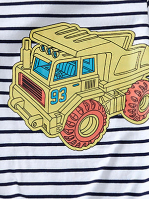 Toddler striped t-shirt with yellow dump truck graphic and blue windows.