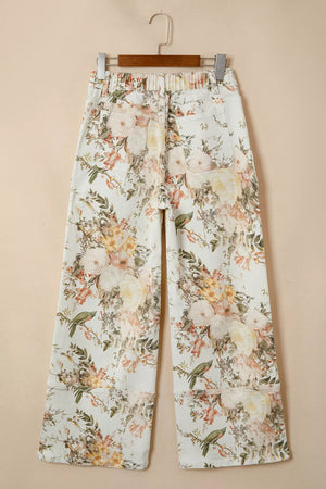 Vintage Floral Print High Waist Wide Leg Jeans, model styling view