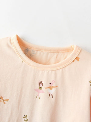 Peach cotton blend toddler pajama top with ballerina and bunny print