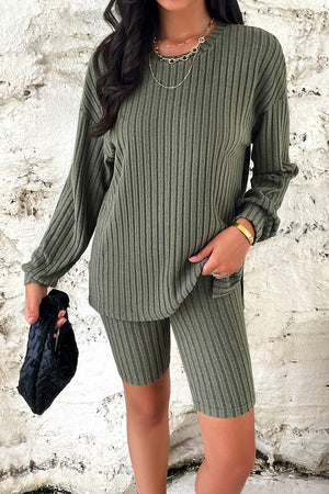 Slouchy ribbed knit bike short set in matcha green with long sleeves and crew neck.