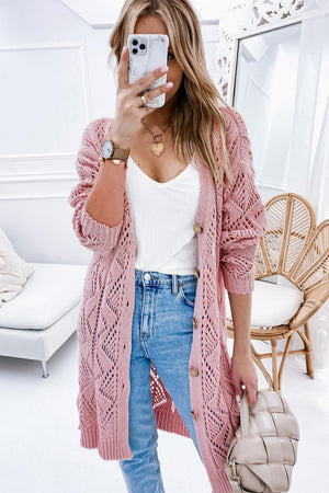 Dusty pink openwork button-down maxi cardigan with diamond pattern and wooden buttons.