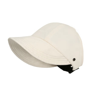 Beige visor hat with decorative stitching and adjustable strap