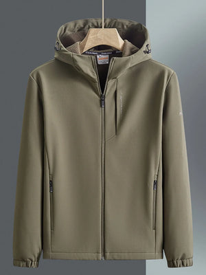 Khaki hooded windbreaker jacket with zippered pockets and fleece-lined hood.