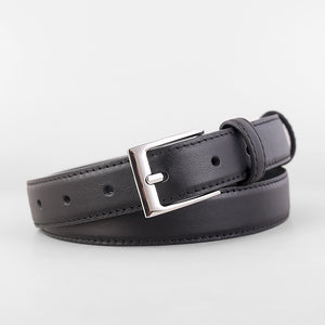 Black leather skinny belt with silver buckle and stitched detail