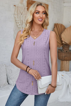 Lavender perforated button-down sleeveless V-neck top with eyelet detail