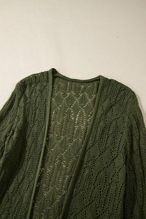 Openwork maxi cardigan in army green acrylic with a diamond pattern.