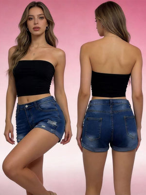 Dark blue distressed denim roll-up shorts with button fly and cuffed hems.