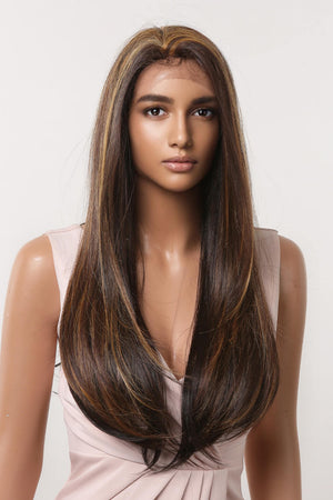 Balayage straight lace front wig in brown with caramel highlights, featuring a natural hairline.