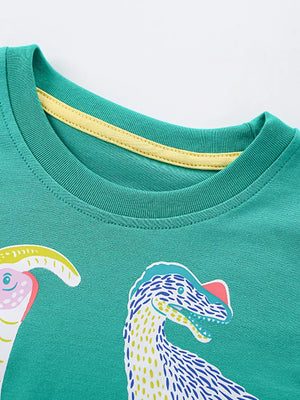 Green cotton crew neck t-shirt with colorful dinosaur print and yellow neck trim.