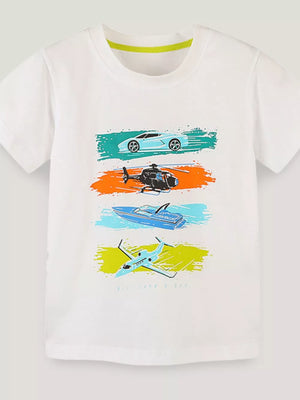 White cotton t-shirt with air, land, and sea vehicles graphic print.