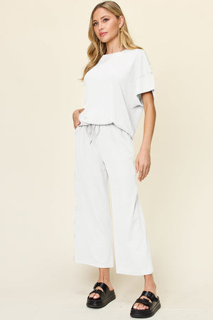 White waffle knit lounge set with drawstring pants and short sleeve top
