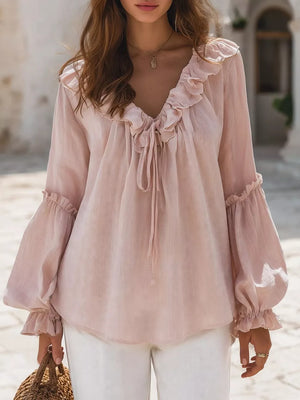 Ruffled Tie Front Flounce Sleeve Blouse in Blush Pink, front view