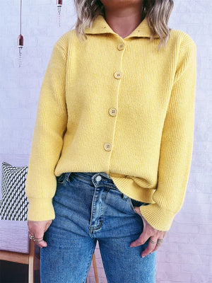 Yellow ribbed button-up cardigan with polo collar and wooden buttons