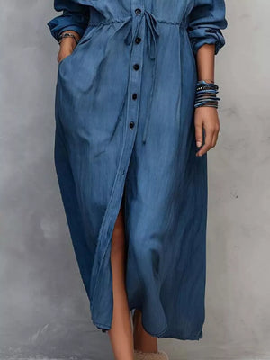 Full Size Button Front Long Sleeve Shirt Dress Plus Size in Apricot, model styling view