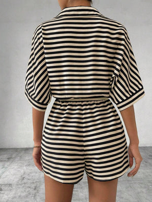 Black and tan striped romper with short sleeves and elastic waist shorts.