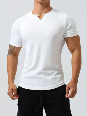 White ribbed V-neck muscle tee with short sleeves and a notched neckline.