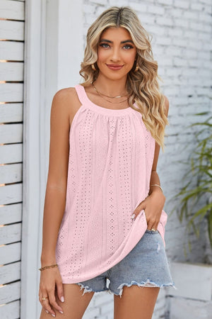 Blush pink eyelet halter tank top with a gathered neckline and casual fit.