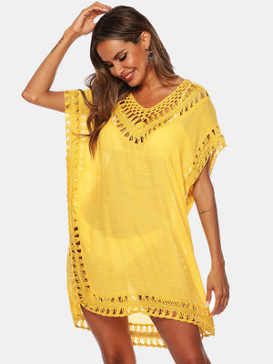 Yellow kaftan cover-up with crochet trim and V-neck