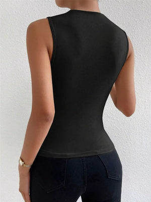 Black ruched mock-neck tank top with a fitted silhouette.