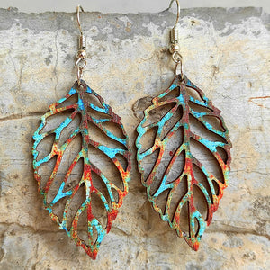 Patina leaf laser-cut drop earrings with rustic blue and red distressed finish