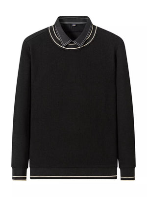 Black ribbed knit sweater with layered collar detail and striped cuffs.