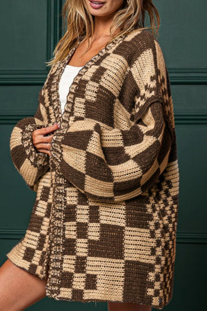 Chic checkered acrylic cardigan with balloon sleeves in tan and brown.