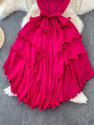 Rose Red ruffled tiered midi dress with belted waist and frill details.