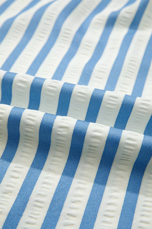 Classic striped collared blouse in blue and white textured cotton fabric