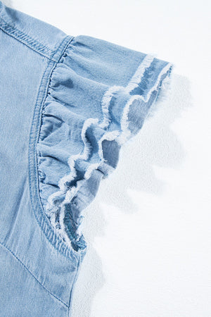 Light blue denim button-up shirt with frayed ruffle trim sleeves