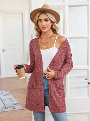 Brick Red textured ribbed knit button-down cardigan with pockets and a relaxed fit.