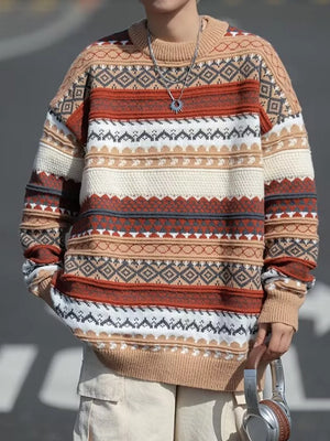 Men's heritage-inspired geometric knit sweater in brown and gray with a crew neck.