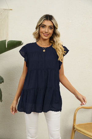 Dark Navy Swiss Dot Flutter Sleeve Blouse with tiered ruffle hem