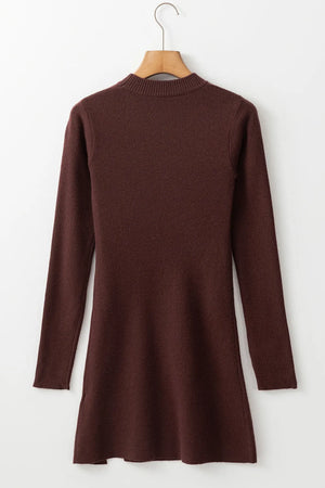 Chocolate ribbed knit mini dress with long sleeves and a mock neck.