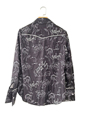 Black long sleeve button up shirt with rodeo print, roses, cacti and yeehaw text.