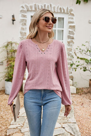 Dusty Pink eyelet yoke blouse with blouson sleeves and V-neck detail