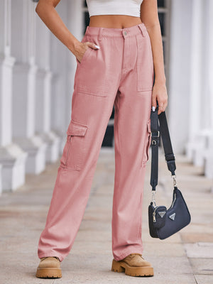 Dusty pink utility pocket wide-leg cargo pants with a casual, chic fit.