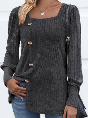 Ribbed knit puff sleeve blouse in charcoal with square neckline and gold buttons.