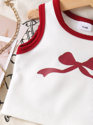 Children's Ribbed Bow Tank Top And Pants Set in 玫红色, close-up detail