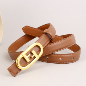 Caramel cowhide leather belt with luxe gold buckle and stitched detail.