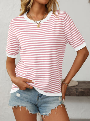 Blush pink and white striped knit tee with contrast white trim and crew neck.