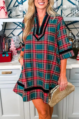 Plaid Velvet Trim Short Shift Dress in Plaid, back view