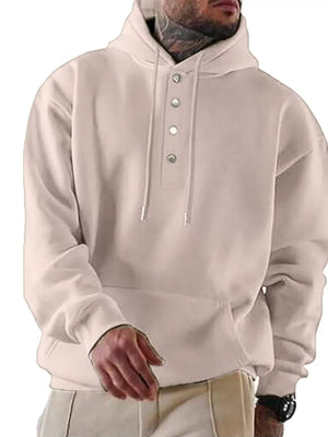 Beige cotton buttoned hoodie with drawstring hood and kangaroo pocket.