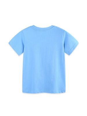 Light blue cotton t-shirt with short sleeves and crew neck, back view