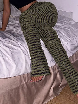 Striped Fuzzy Knit Pants in Army Green, product detail