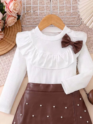 Children's Ruffled Long Sleeve Top And Skirt Set in White, side view
